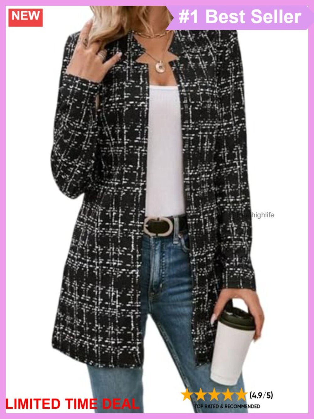 Plaid Tweed Open Front Blazer Slim Long Sleeve Thigh Length Cardigan Jacket